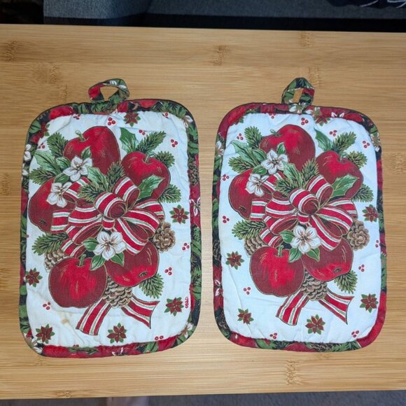 *3 FOR $9* Set of 2 B&D Vintage Christmas Apple Pinecone Pine Bow Pot Holder - Picture 1 of 4